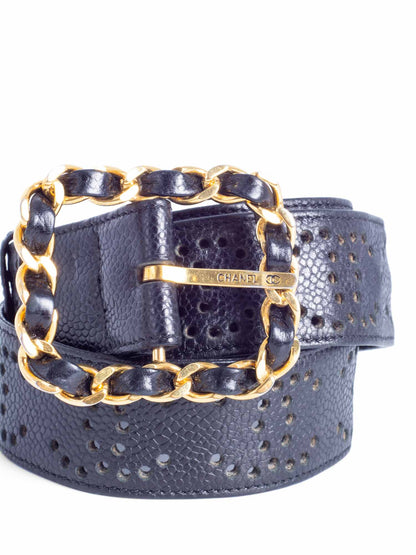 Chanel CC Logo K Gold Plated Chain Caviar Perforated Leather Belt Black