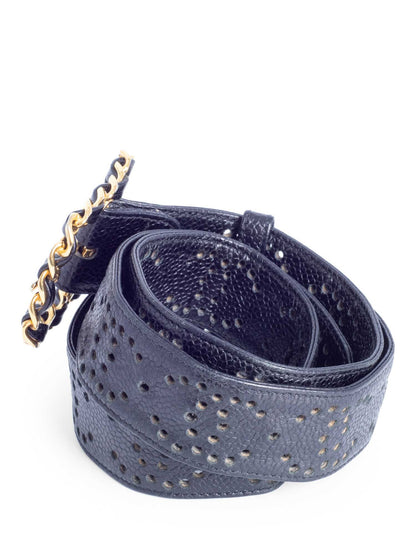 Chanel CC Logo K Gold Plated Chain Caviar Perforated Leather Belt Black