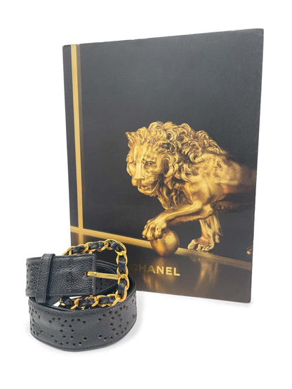 CHANEL CC Logo 24K Gold Plated Chain Caviar Perforated Leather Belt Black-designer resale