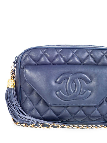 Chanel CC Logo k Gold Plated Quilted Leather Tassel Camera Bag Navy