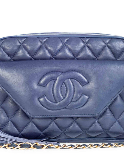Chanel CC Logo k Gold Plated Quilted Leather Tassel Camera Bag Navy