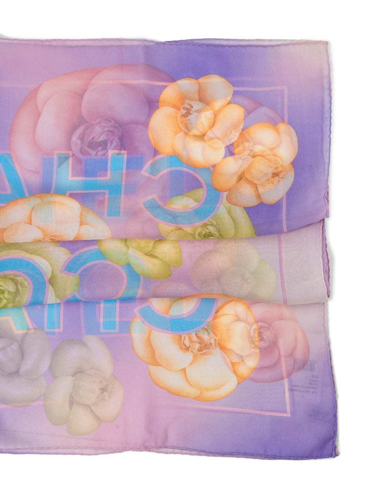 Chanel CC Logo Camelia Silk Chiffon Fantasy Scarf Purple Blue