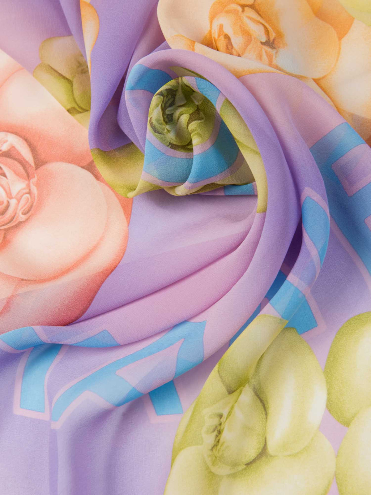 Chanel CC Logo Camelia Silk Chiffon Fantasy Scarf Purple Blue