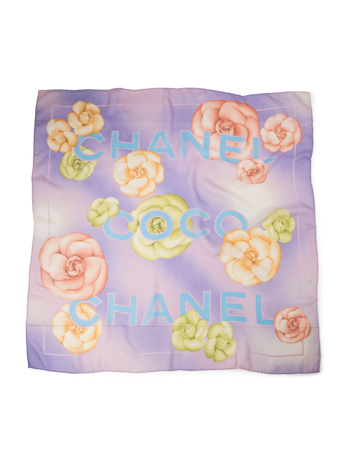 Chanel CC Logo Camelia Silk Chiffon Fantasy Scarf Purple Blue