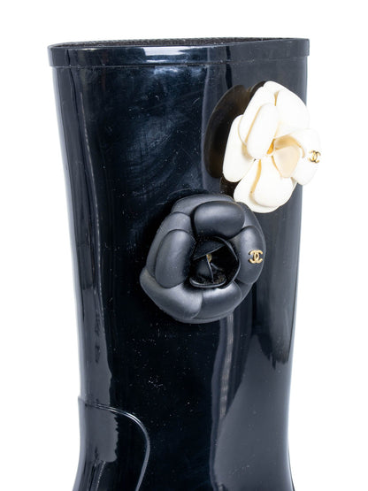 Chanel CC Logo Camellia Flower Rain Boots Black Ivory