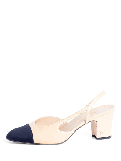 Chanel CC Logo Cap Toe Sling Back Heels Beige Black