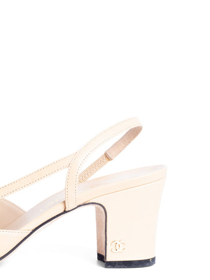 Chanel CC Logo Cap Toe Sling Back Heels Beige Black