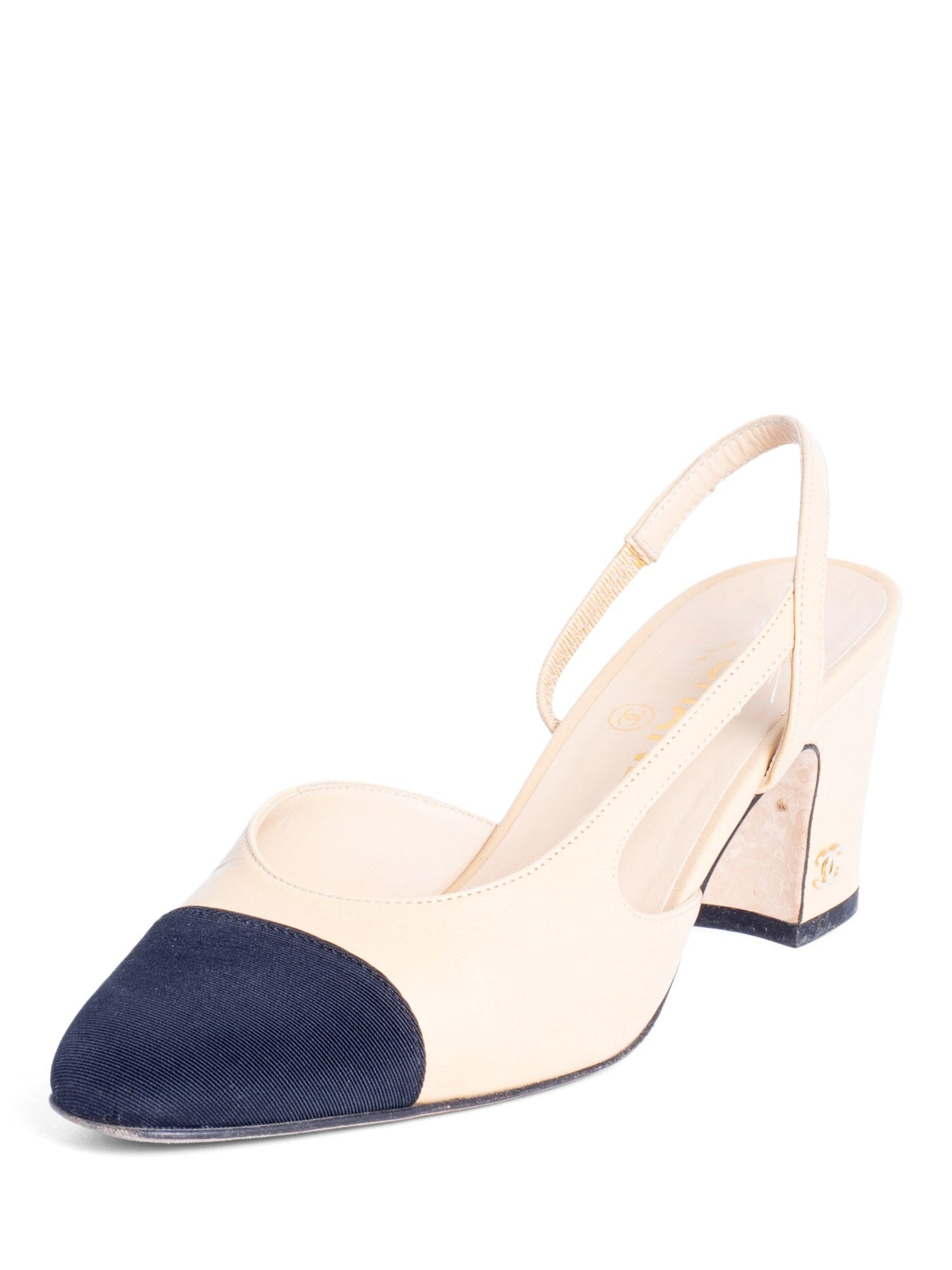 CHANEL CC Logo Cap Toe Sling Back Heels Beige Black-designer resale