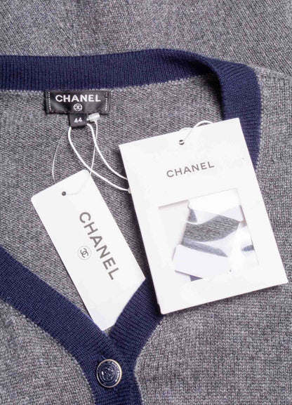 Chanel CC Logo Cashmere Cardigan Sweater Navy Blue Grey