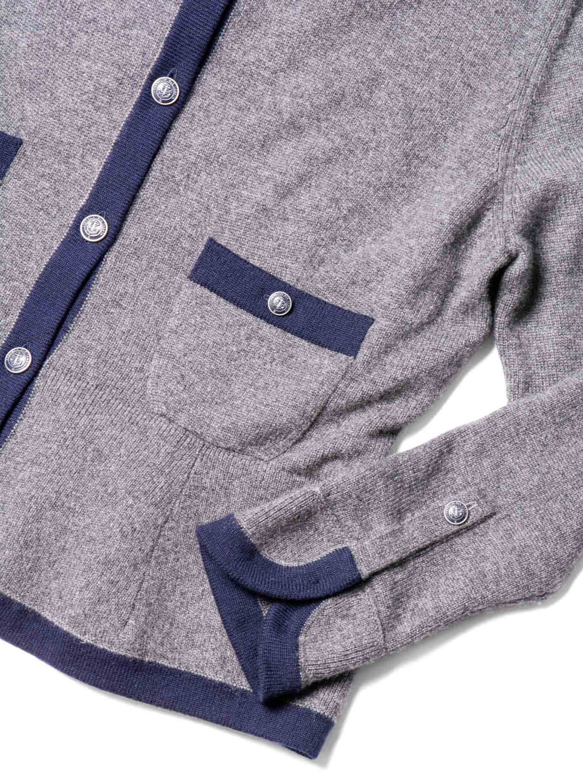 Chanel CC Logo Cashmere Cardigan Sweater Navy Blue Grey