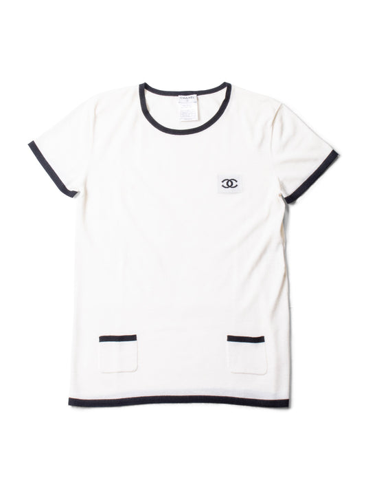 CHANEL CC Logo Cashmere Knit T-Shirt Ivory Black-designer resale