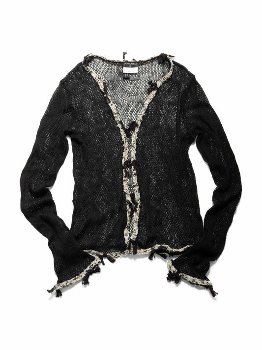 CHANEL CC Logo Cashmere Knitted Distressed Cardigan Black-designer resale