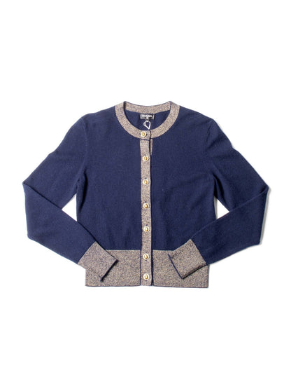 CHANEL CC Logo Cashmere Scarab Beetle Cardigan Navy Gold-designer resale
