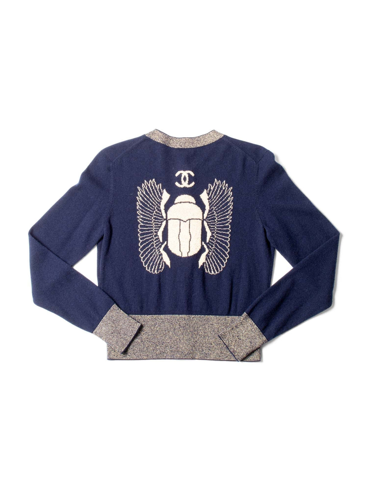 Chanel CC Logo Cashmere Scarab Beetle Cardigan Navy Gold