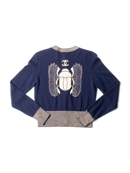 Chanel CC Logo Cashmere Scarab Beetle Cardigan Navy Gold