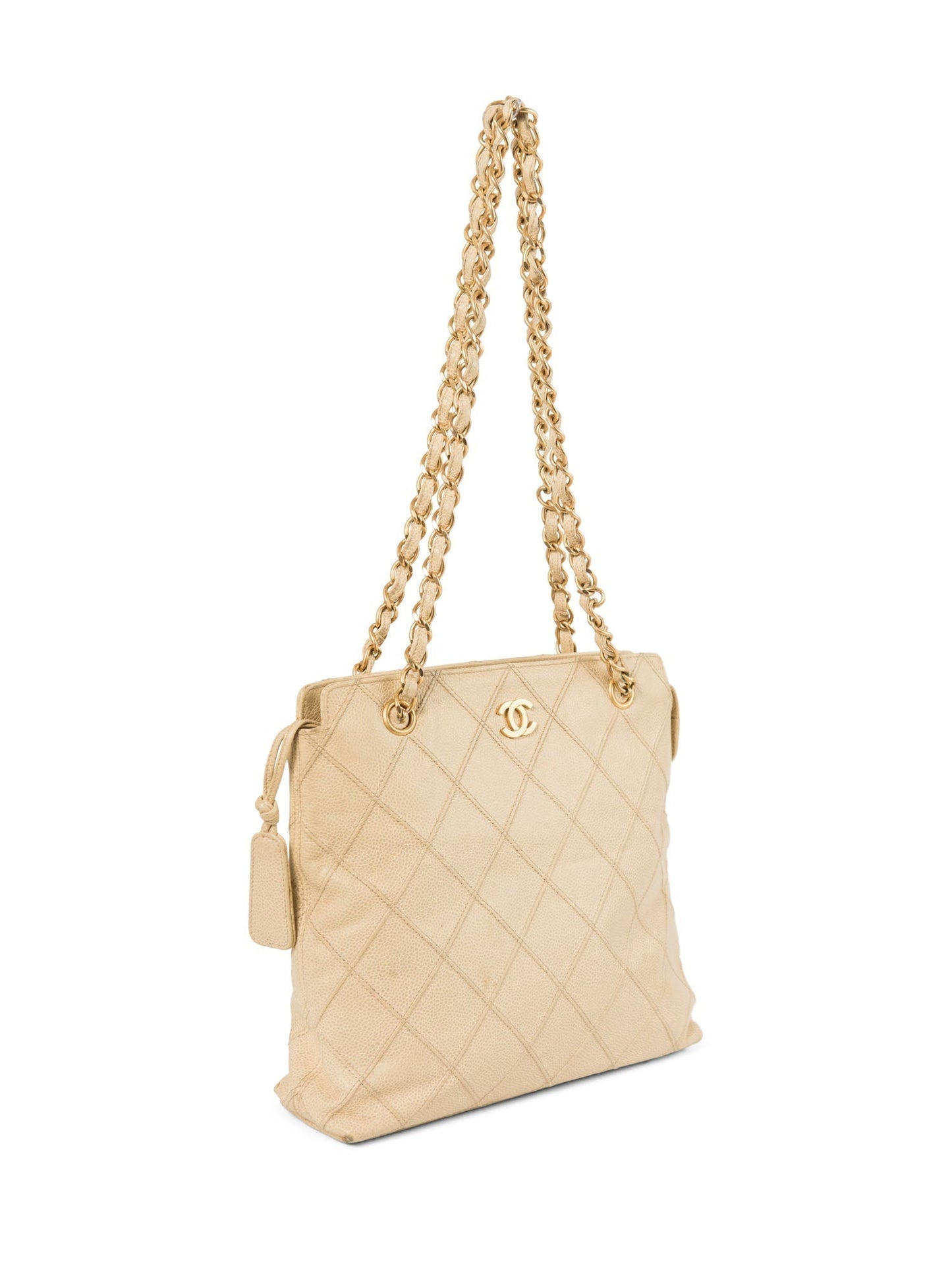 Chanel CC Logo Caviar Leather Quilted Shopper Bag Ivory Gold