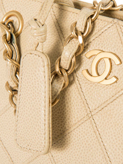 Chanel CC Logo Caviar Leather Quilted Shopper Bag Ivory Gold