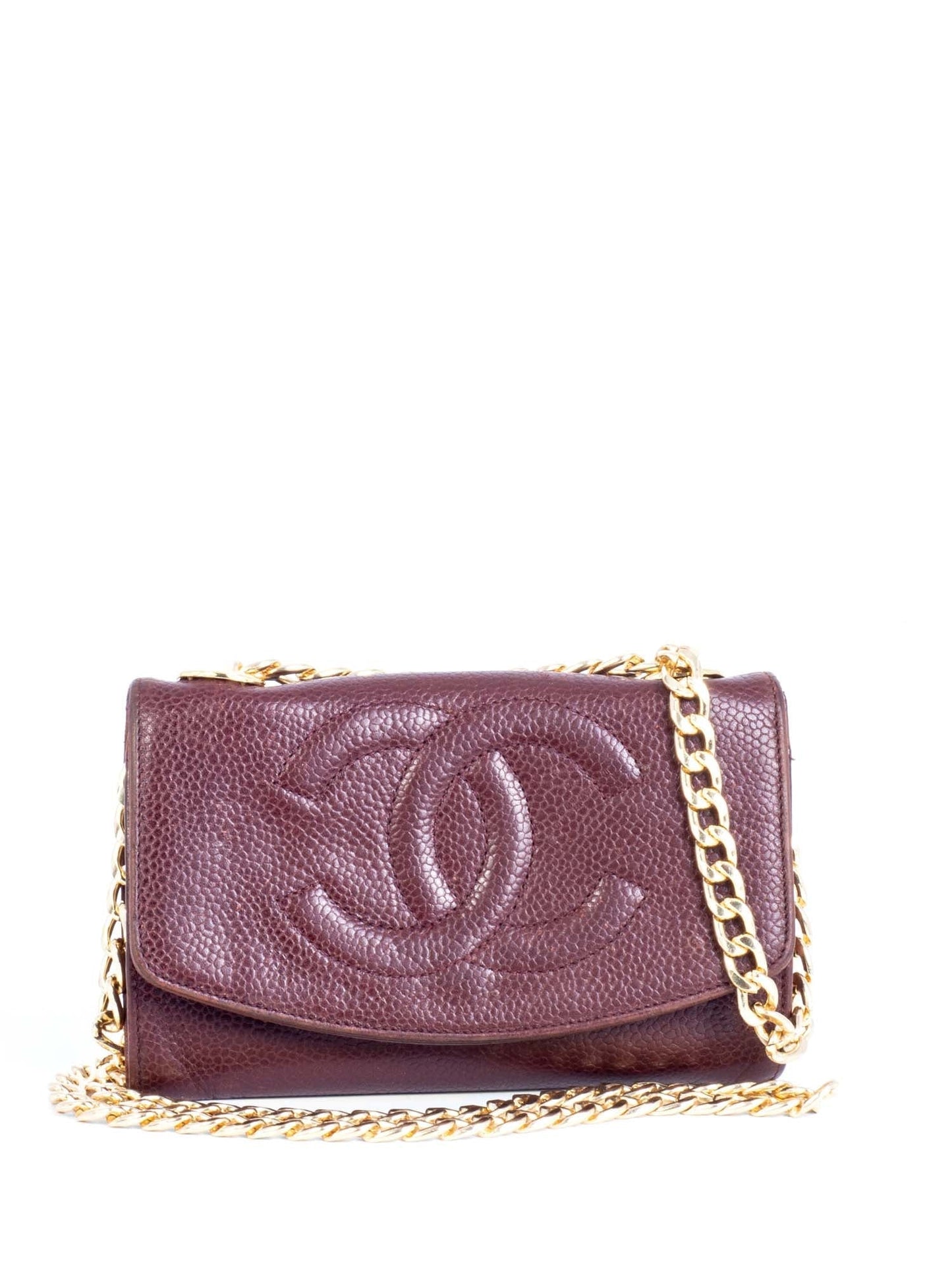 Chanel CC Logo Caviar Leather Timeless Mini Wallet On Chain Brown