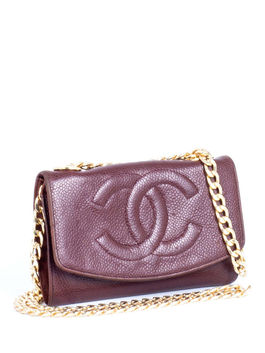 Chanel CC Logo Caviar Leather Timeless Mini Wallet On Chain Brown