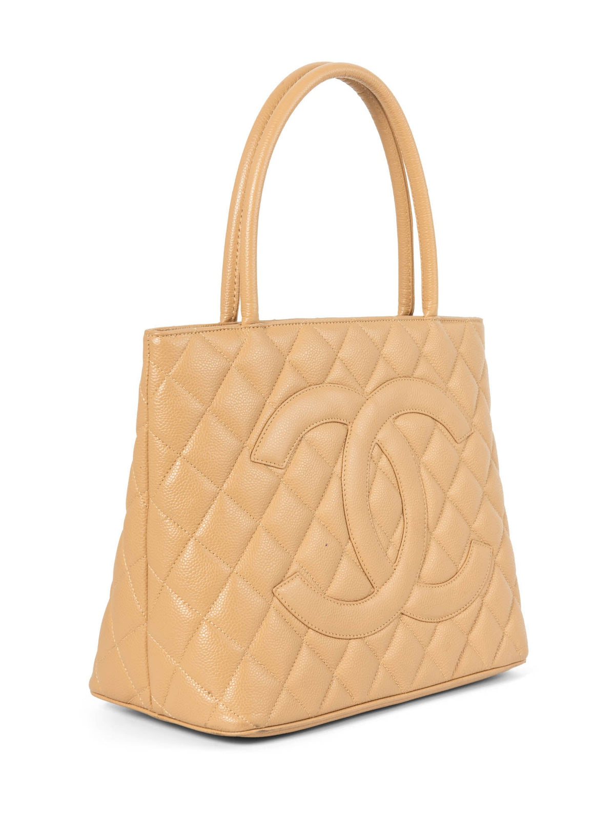 Chanel CC Logo Caviar Leather Top Handle Shoulder Bag Beige Gold