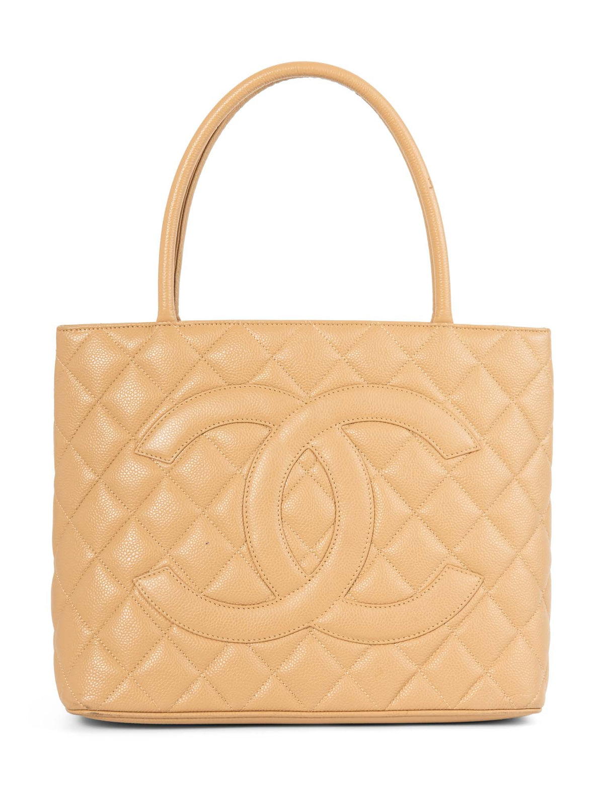 Chanel CC Logo Caviar Leather Top Handle Shoulder Bag Beige Gold