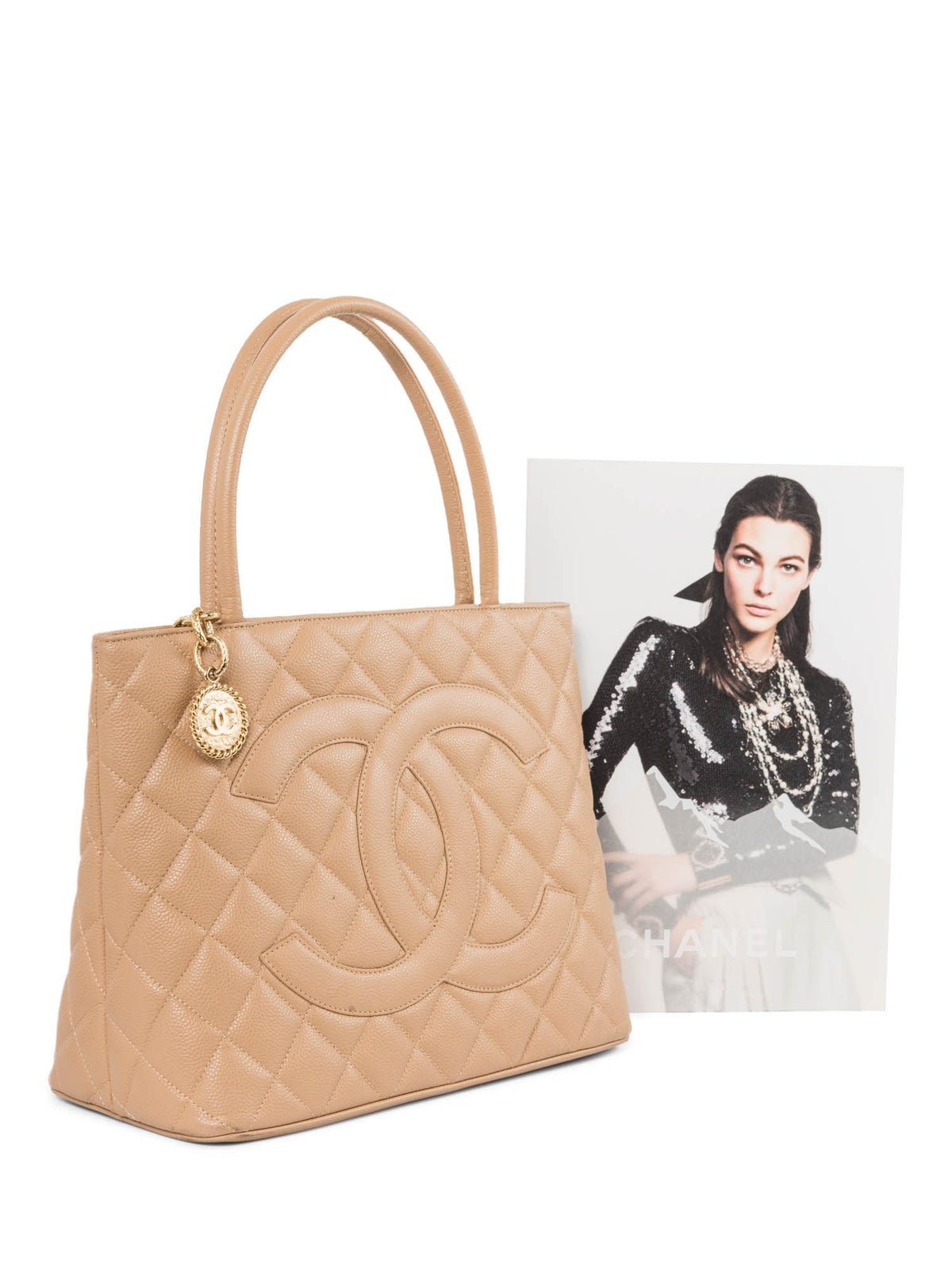 Chanel CC Logo Caviar Leather Top Handle Shoulder Bag Beige Gold