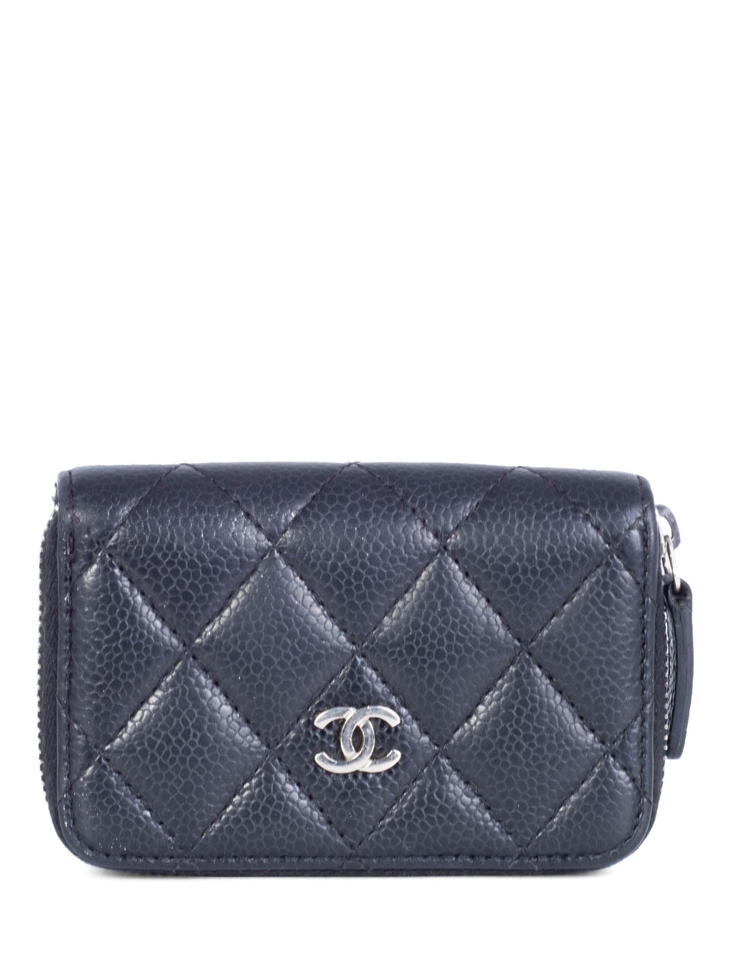 Chanel CC Logo Caviar Leather Zippered Credit Card Wallet Black Silver