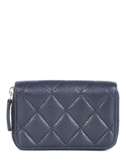 Chanel CC Logo Caviar Leather Zippered Credit Card Wallet Black Silver