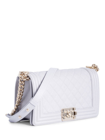 Chanel CC Logo Caviar Quilted Medium Boy Flap Bag Light Grey