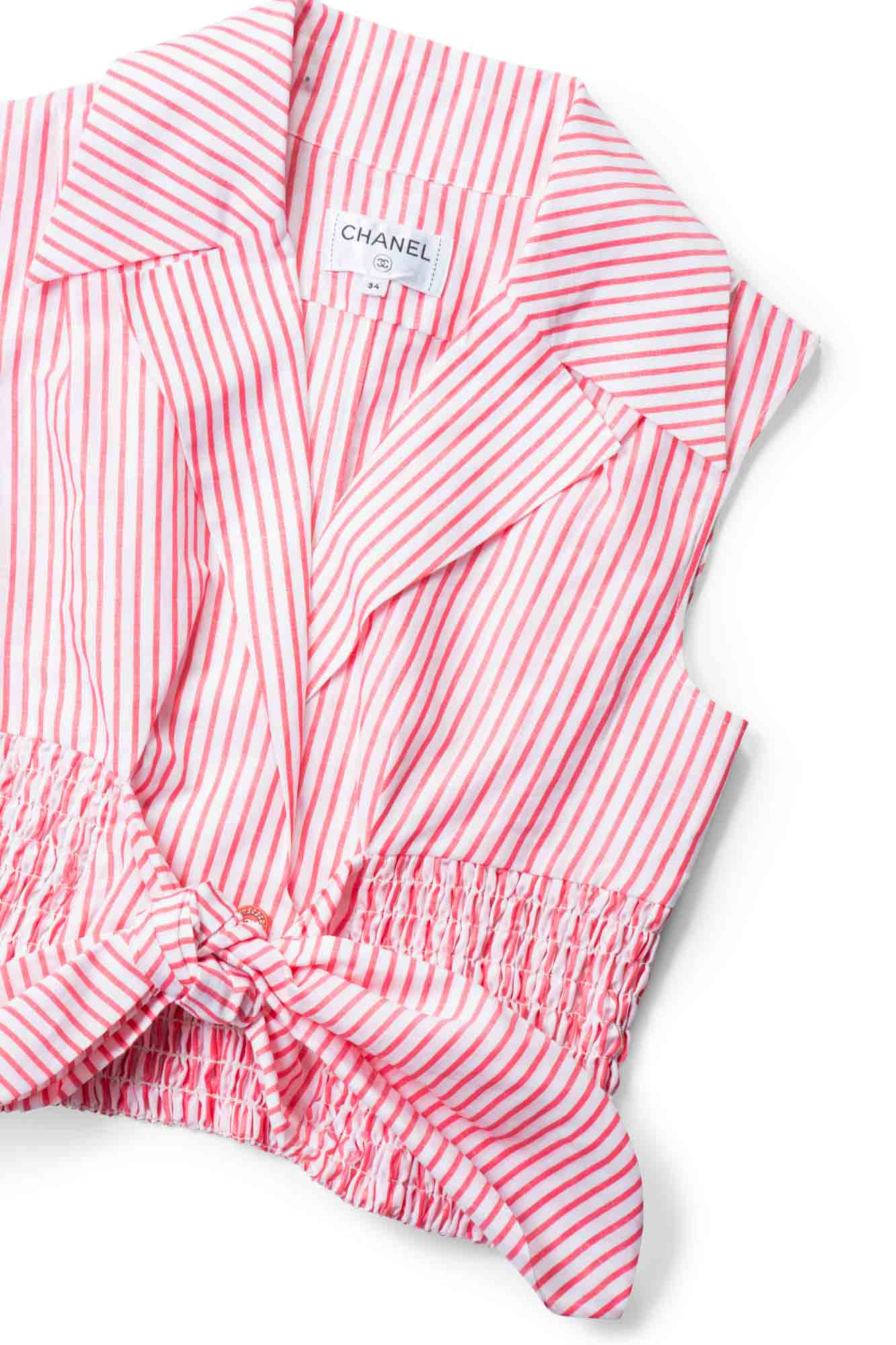 Chanel CC Logo Cotton Cropped Striped Blouse Red White