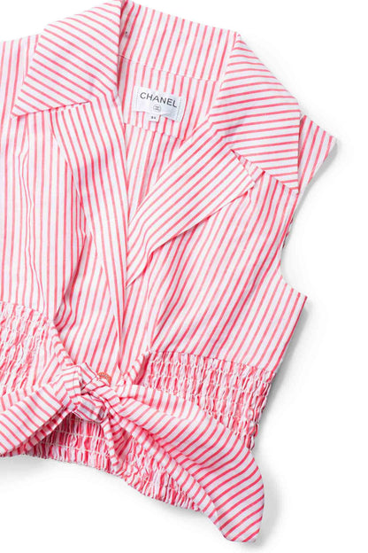 Chanel CC Logo Cotton Cropped Striped Blouse Red White