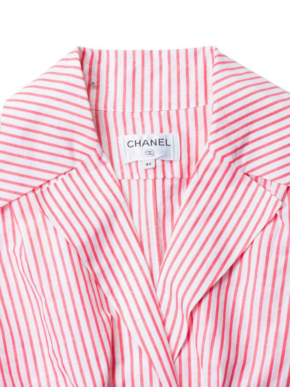 Chanel CC Logo Cotton Cropped Striped Blouse Red White