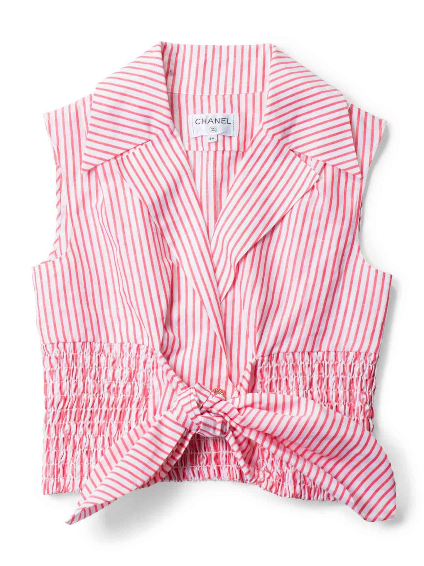 CHANEL CC Logo Cotton Cropped Striped Blouse Red White-designer resale