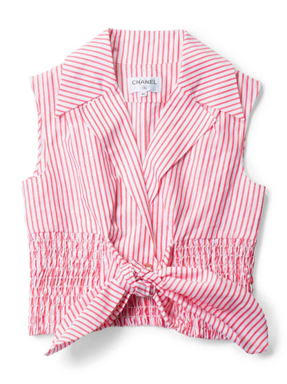 CHANEL CC Logo Cotton Cropped Striped Blouse Red White-designer resale
