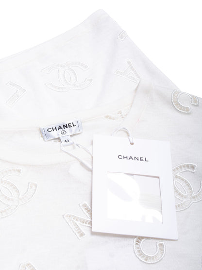 Chanel CC Logo Cotton Eyelet Embroidered T-Shirt White