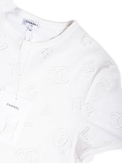 Chanel CC Logo Cotton Eyelet Embroidered T-Shirt White