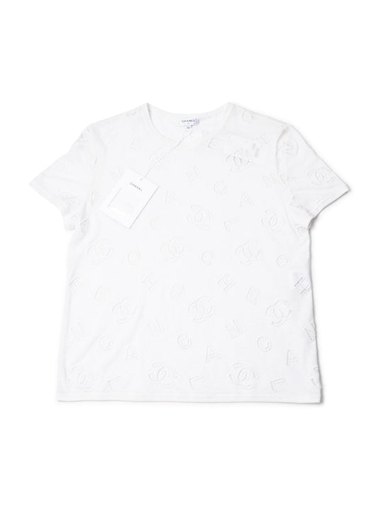 CHANEL CC Logo Cotton Eyelet Embroidered T-Shirt White-designer resale