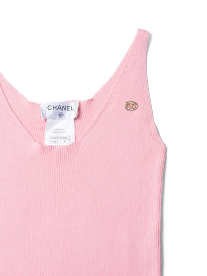 Chanel CC Logo Cotton Silk Sleeveless Ribbed Tank Top Pink