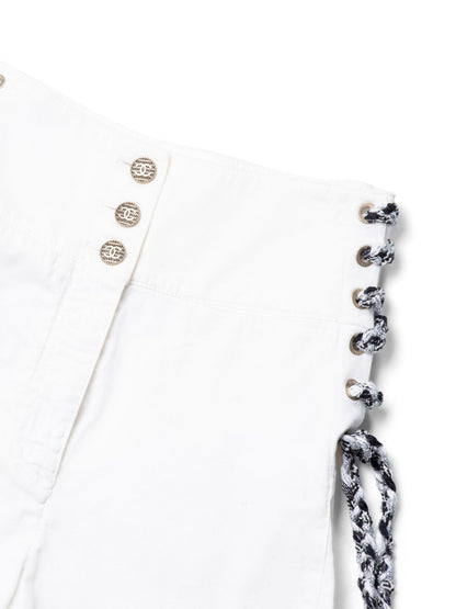 Chanel CC Logo Cotton Tweed Lace Up High Waisted Shorts White Black