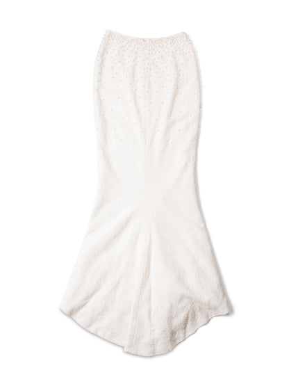 Chanel CC Logo Fantasy Tweed Pearl Two Piece Mermaid Maxi Skirt Vest Ivory