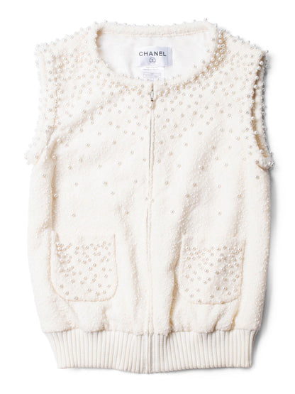 CHANEL CC Logo Fantasy Tweed Pearl Two Piece Mermaid Maxi Skirt Vest Ivory-designer resale