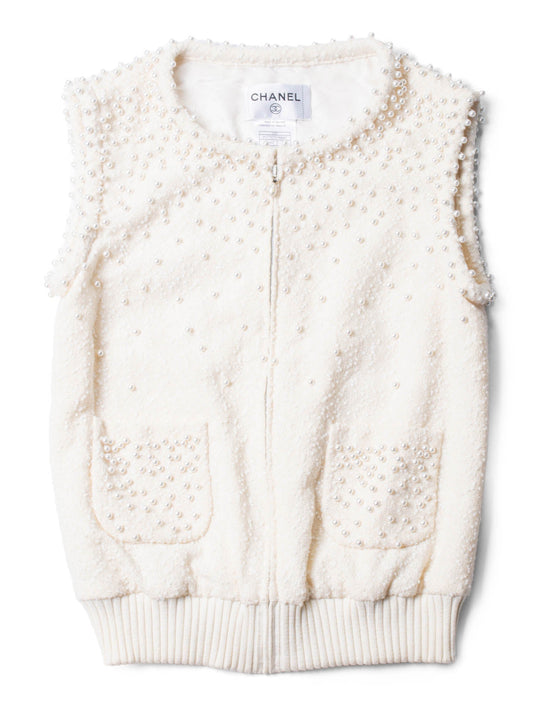 CHANEL CC Logo Fantasy Tweed Pearl Two Piece Mermaid Maxi Skirt Vest Ivory-designer resale