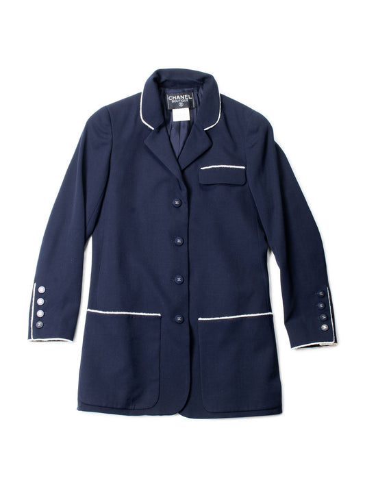 CHANEL CC Logo Fringe Wool Jacket Navy Ivory-designer resale