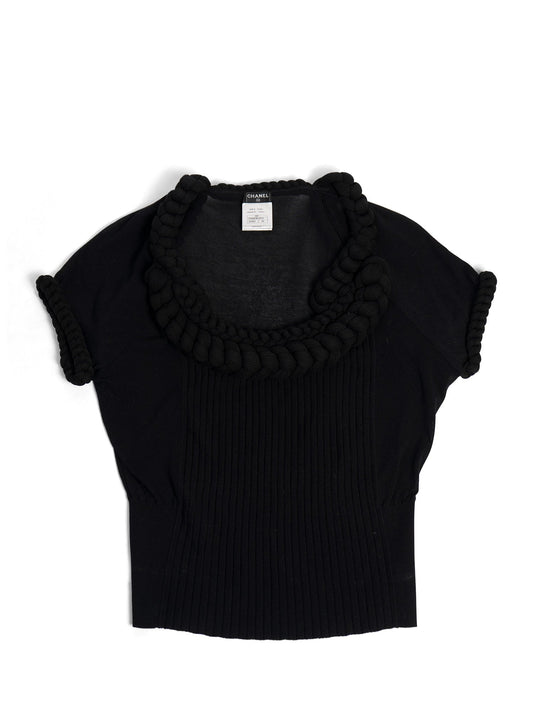 CHANEL CC Logo Knit Rope Fringe Blouse Black-designer resale
