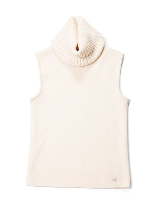 CHANEL CC Logo Knit Sleeveless Turtleneck Top Beige-designer resale