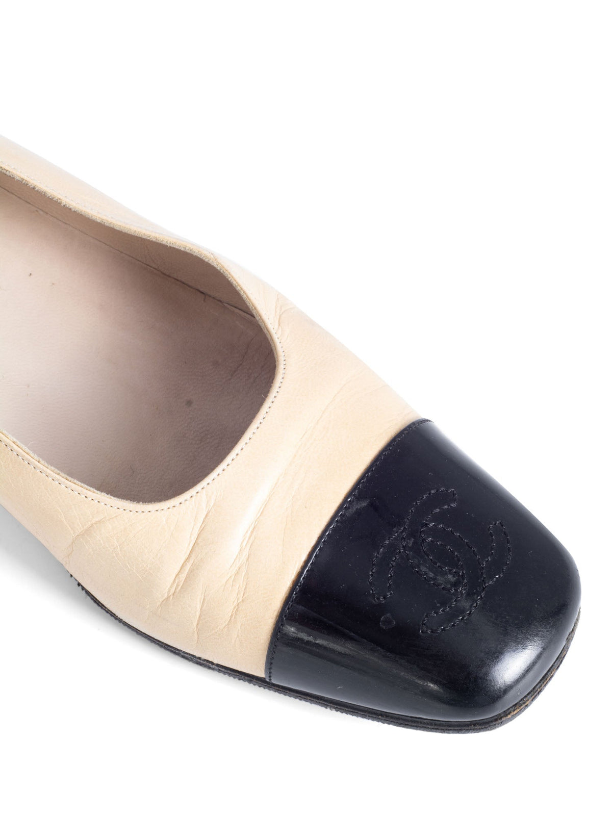 Chanel CC Logo Leather Cap Toe Ballet Pumps Black Beige