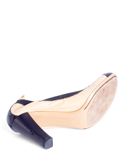 Chanel CC Logo Leather Cap Toe Heels Beige Black