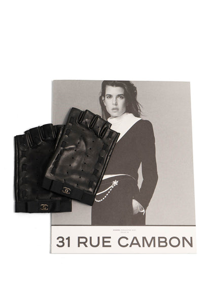 Chanel CC Logo Leather Fingerless Gloves Black