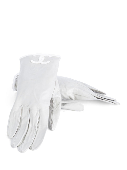 CHANEL CC Logo Leather Gloves Grey White-designer resale