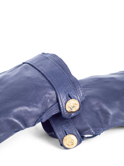 Chanel CC Logo Leather Gloves Navy Gold